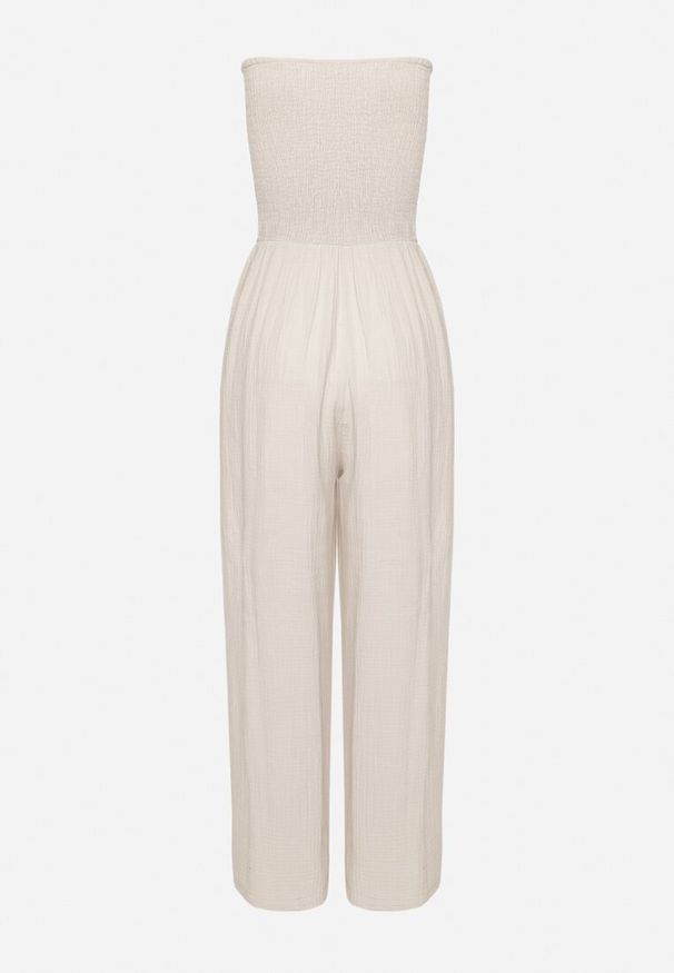 Born2be - Beżowy Bawełniany Taliowany Kombinezon Góra Bandeau Wykończona Gumkami Moranna. Okazja: na co dzień. Kolor: beżowy. Materiał: bawełna. Sezon: lato. Styl: klasyczny, casual