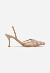 Born2be - Ciemnobeżowe Sandały na Szpilce z Koronką Caskstar. Kolor: beżowy. Materiał: koronka. Wzór: koronka. Obcas: na szpilce. Styl: elegancki, klasyczny #4