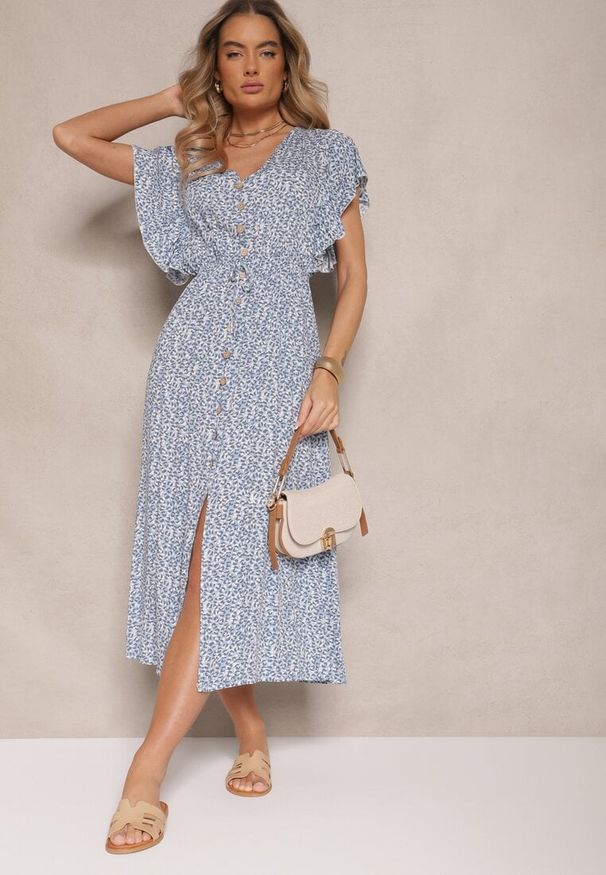 Renee - Niebieska Sukienka z Bawełny w Cętki o Rozkloszowanym Kroju z Guzikami Aluvellae. Okazja: na co dzień, na spacer. Typ kołnierza: dekolt w kształcie V. Kolor: niebieski. Materiał: bawełna. Długość rękawa: krótki rękaw. Wzór: aplikacja. Sezon: lato. Styl: casual