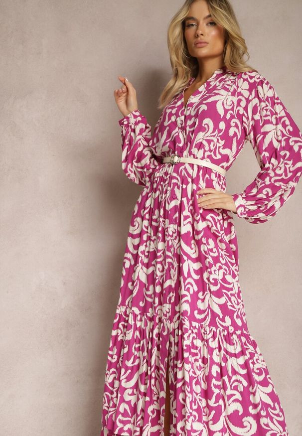 Renee - Fuksjowa Rozkloszowana Sukienka Maxi z Wiskozy o Koszulowym Kroju w Ornamentalny Print Leonorra. Kolor: różowy. Materiał: wiskoza. Wzór: nadruk. Typ sukienki: koszulowe. Długość: maxi