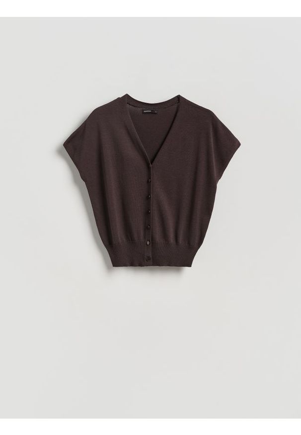 Reserved - Kardigan z lyocellem - ciemnobrązowy. Kolor: brązowy. Materiał: dzianina