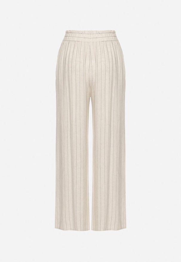 Born2be - Beżowe Szerokie Spodnie z Lnem w Paski Wiązane w Talii Firedia. Okazja: na co dzień, na plażę. Kolor: beżowy. Materiał: len. Wzór: paski. Sezon: lato. Styl: klasyczny, casual, elegancki