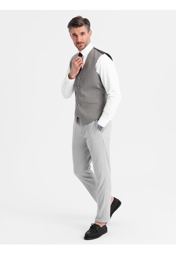Ombre Clothing - Żakardowa kamizelka męska casual bez klap - szara V2 OM-BLZV-0111 - XXL. Okazja: na co dzień. Kolor: szary. Materiał: żakard. Wzór: gładki. Styl: casual