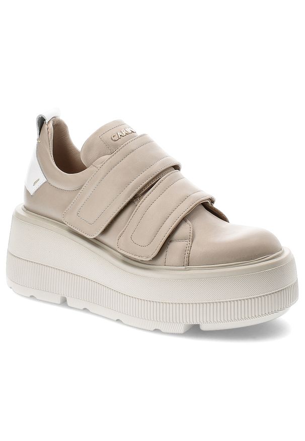 Beżowe Sneakersy Carinii Modne Obuwie Damskie. Okazja: na co dzień. Zapięcie: rzepy. Kolor: beżowy. Materiał: skóra. Szerokość cholewki: normalna. Styl: elegancki, casual