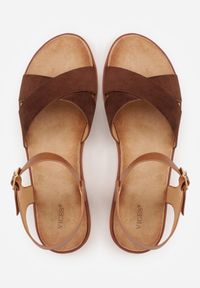 Renee - Ciemnobrązowe Płaskie Sandały VICES z Cholewką ze Skrzyżowanymi Paskami Emelika. Zapięcie: pasek. Kolor: brązowy. Wzór: haft. Styl: boho #6