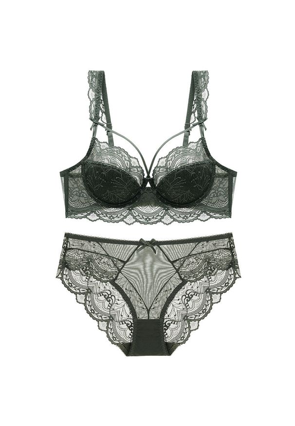 Intica - Zestaw bielizny koronkowej z figami regulowanymi Birga. Kolor: zielony. Materiał: koronka. Wzór: koronka