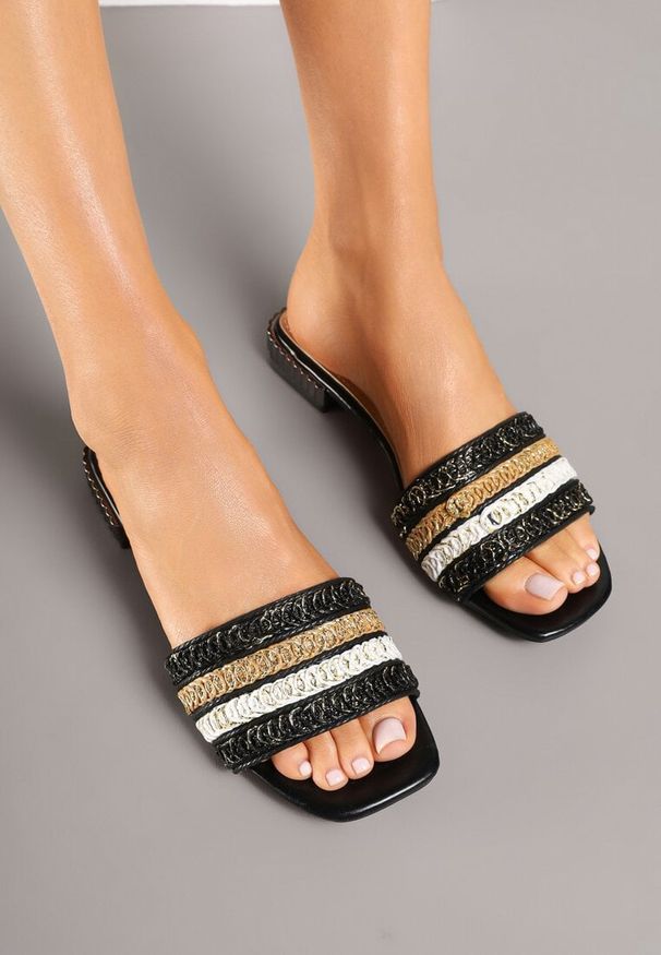 Born2be - Czarne Eleganckie Klapki Ozdobione Metaliczną Nicią Neomirae. Okazja: na co dzień. Nosek buta: otwarty. Kolor: czarny. Wzór: aplikacja. Sezon: wiosna, lato. Obcas: na obcasie. Styl: elegancki. Wysokość obcasa: średni