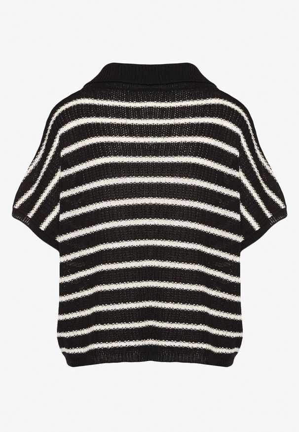 Born2be - Czarno-Biała Dzianinowa Bluzka z Bawełny o Nietoperzowym Kroju z Kołnierzykiem Grinaldia. Okazja: na co dzień. Typ kołnierza: kołnierzyk klasyczny. Kolor: czarny. Materiał: dzianina, bawełna. Długość rękawa: krótki rękaw. Długość: krótkie. Styl: casual, klasyczny