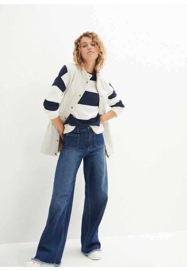 bonprix - Sweter z okrągłym dekoltem, w szerokie paski. Kolor: niebieski. Wzór: paski