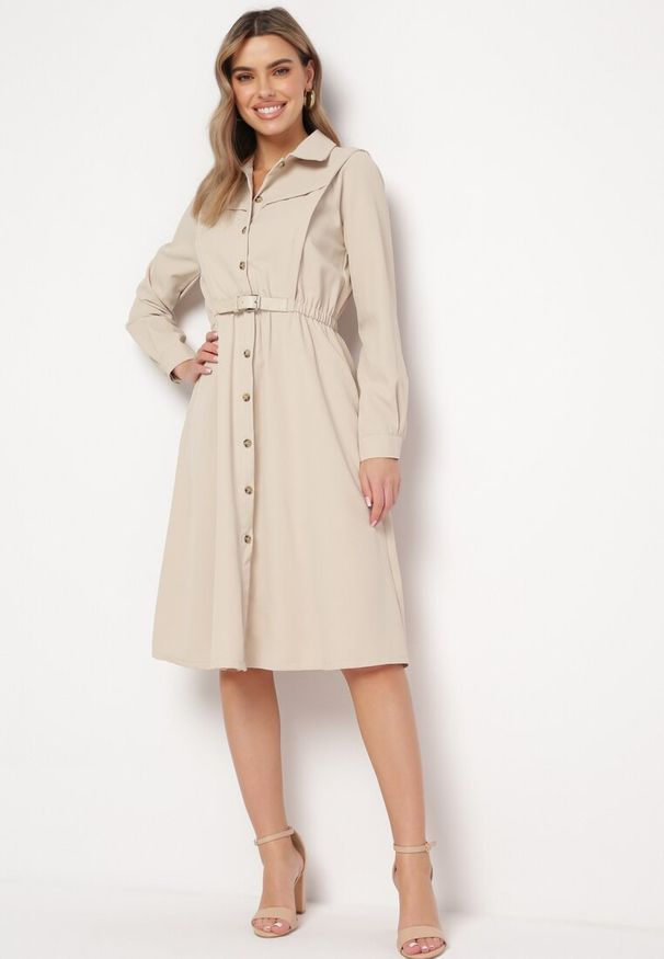 Born2be - Beżowa Sukienka Midi z Gumką w Pasie i Dodatkowym Paskiem ze Sprzączką Zawadi. Kolor: beżowy. Styl: elegancki. Długość: midi