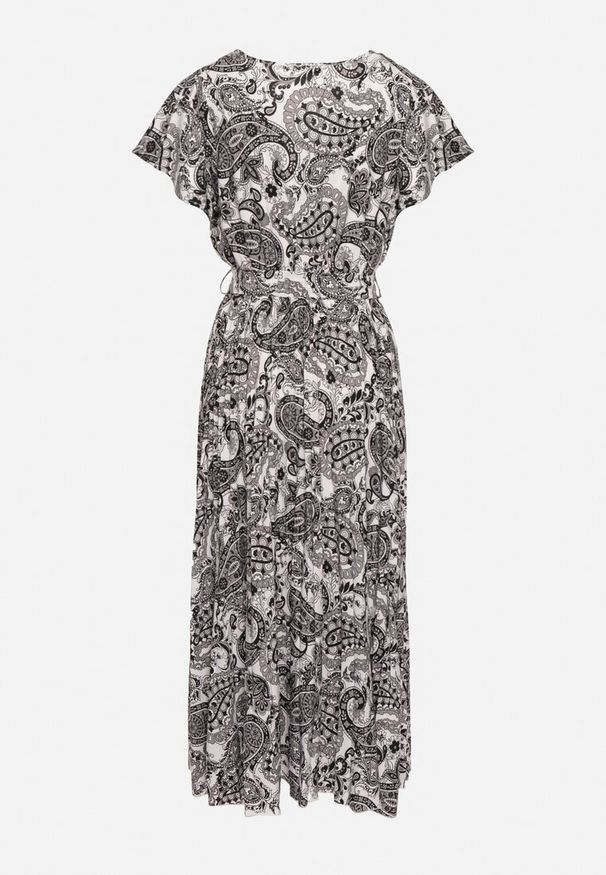 Born2be - Czarno-Biała Sukienka z Kopertowym Dekoltem z Gumką w Talii i Materiałowym Paskiem Xelovia. Okazja: na co dzień. Kolor: czarny. Materiał: materiał. Typ sukienki: kopertowe. Styl: casual, elegancki