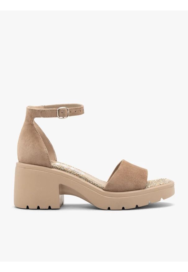 Ryłko - Beżowe sandały damskie z weluru. Kolor: beżowy. Materiał: skóra, welur. Obcas: na obcasie. Styl: street. Wysokość obcasa: średni
