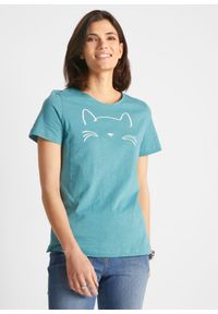 bonprix - Shirt z krótkim rękawem i nadrukiem z motywem kota. Kolor: niebieski. Materiał: bawełna. Długość rękawa: krótki rękaw. Długość: krótkie. Wzór: nadruk #1