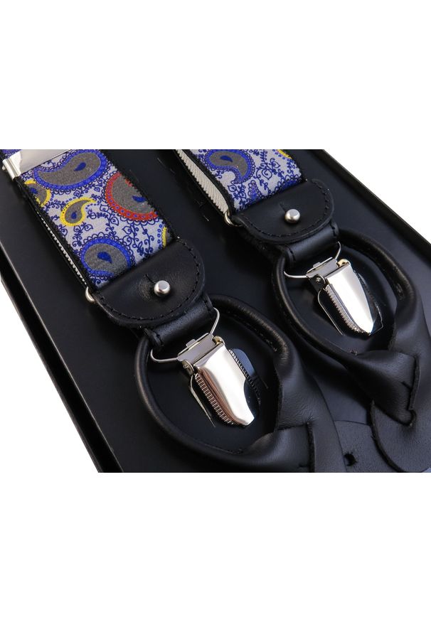 Modini - Szaro-fioletowe szelki we wzór paisley na żabki i na guziki G58. Kolor: szary, fioletowy, wielokolorowy. Materiał: skóra, guma. Wzór: paisley