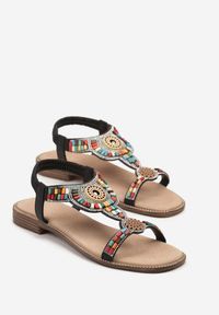Renee - Czarne Sandały Boho z Cholewką Zdobioną Cyrkoniami i Koralikami Linacea. Okazja: na imprezę, na spacer. Kolor: czarny. Materiał: skóra. Wzór: aplikacja. Sezon: lato. Styl: boho #4
