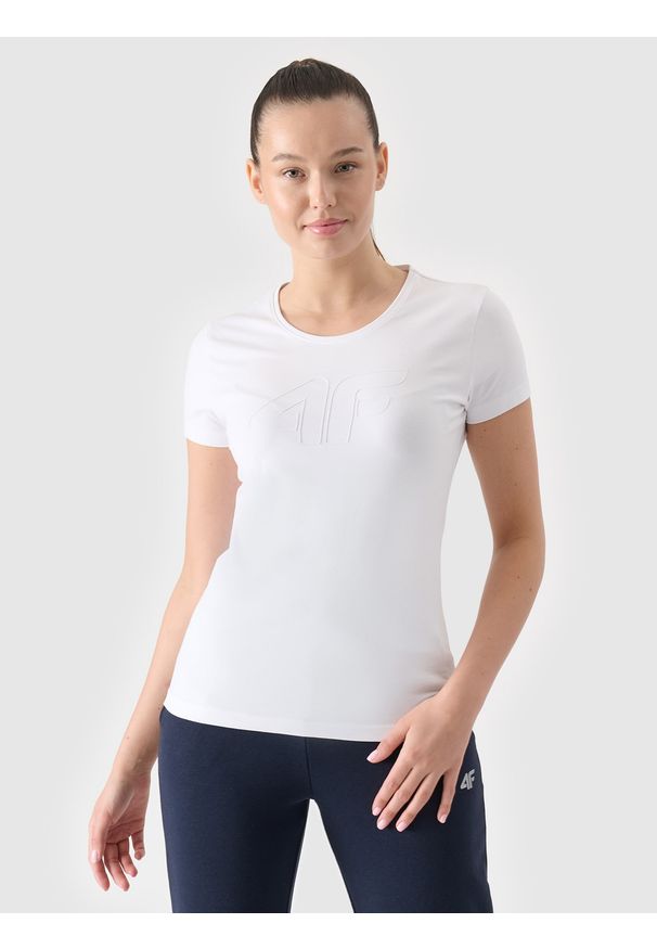 4f - 4F T-shirt slim z nadrukiem damski - biały XL. Okazja: na co dzień. Kolor: biały. Materiał: dzianina, bawełna, jersey, materiał, elastan. Długość rękawa: krótki rękaw. Długość: krótkie. Wzór: nadruk. Styl: sportowy, casual