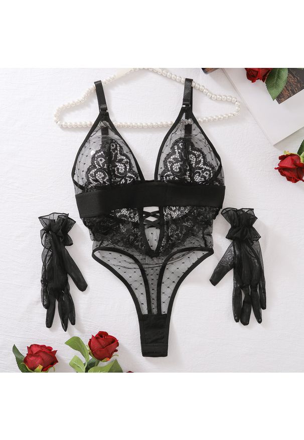 Intica - Body koronkowe z delikatnym wzorem Seonaid. Kolor: czarny. Materiał: koronka. Wzór: koronka