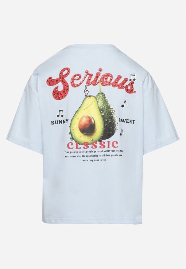 Born2be - Niebieski T-shirt z Bawełną i Motywem Awokado Addixa. Okazja: na co dzień. Kolor: niebieski. Materiał: bawełna. Styl: klasyczny, casual