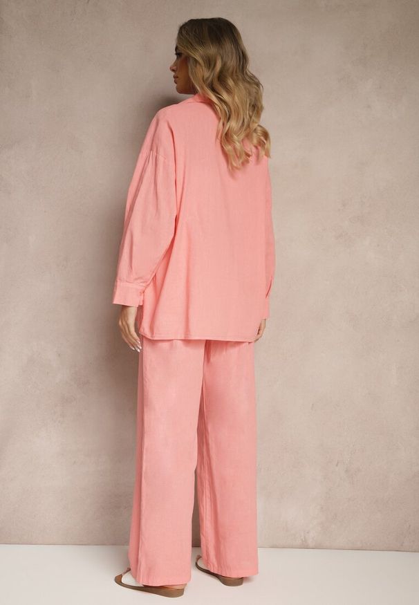 Renee - Jasnoróżowy Komplet z Lnem Koszula i Spodnie o Szerokim Kroju Renavine. Kolor: różowy. Materiał: len