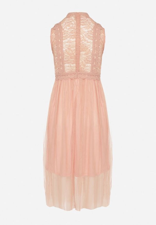 Born2be - Ciemnoróżowa Koronkowa Sukienka Midi z Rozkloszowanym Dołem z Tiulu Peirene. Kolor: różowy. Materiał: tiul, koronka. Wzór: aplikacja. Długość: midi