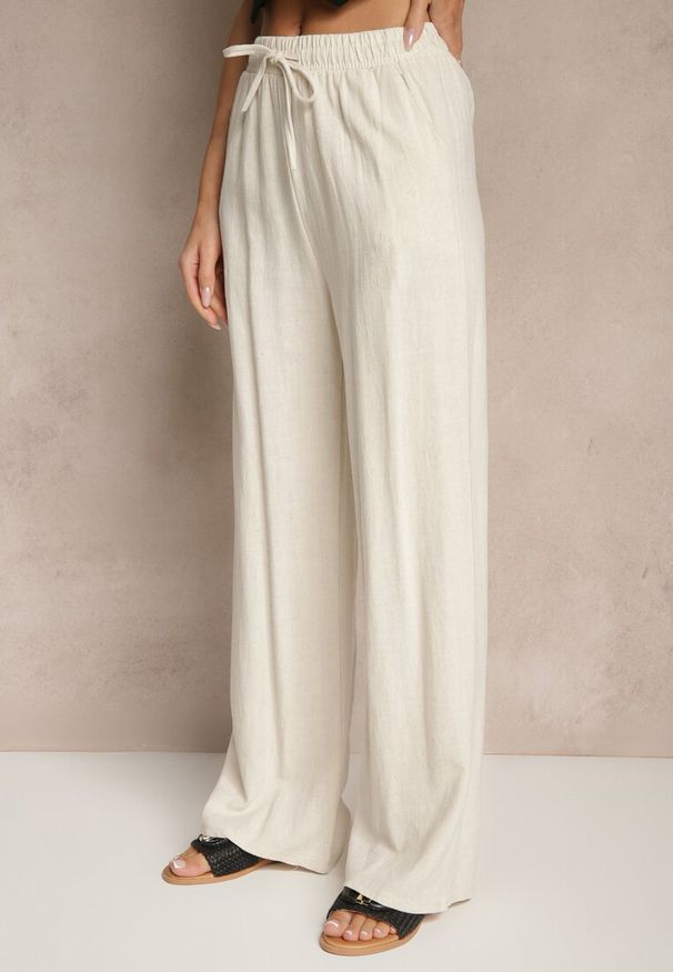 Renee - Jasnobeżowe Lniane Spodnie High Waist z Wiskozą o Szerokim Fasonie Zellimia. Okazja: na co dzień. Stan: podwyższony. Kolor: beżowy. Materiał: len, wiskoza. Styl: casual