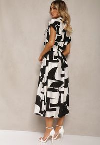 Renee - Czarno-Biała Sukienka o Koszulowym Kroju z Materiałowym Paskiem w Talii w Kolorowy Print Hilefia. Okazja: na co dzień, do pracy. Kolor: czarny. Materiał: materiał. Wzór: nadruk, kolorowy. Typ sukienki: koszulowe. Styl: elegancki, casual #4