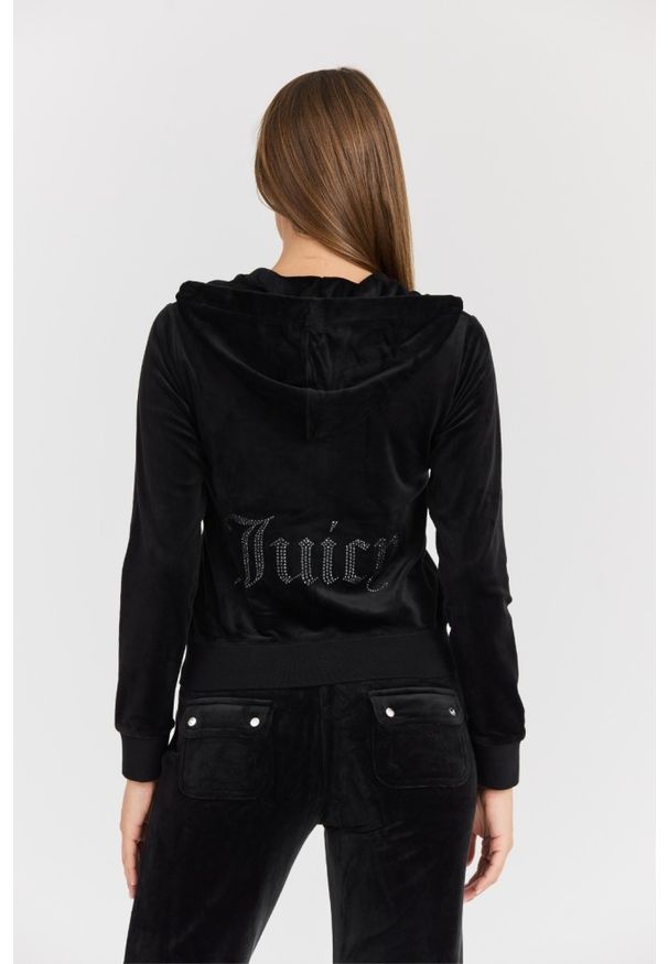 Juicy Couture - JUICY COUTURE Damska czarna bluza Robertson Jewelled Velour Hoodie. Okazja: na co dzień. Kolor: czarny. Materiał: welur. Styl: elegancki, casual