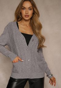 Renee - Szary Kardigan z Bawełną i Tłoczonym Wzorem Reisina. Okazja: na co dzień. Kolor: szary. Materiał: bawełna. Styl: casual, elegancki #3