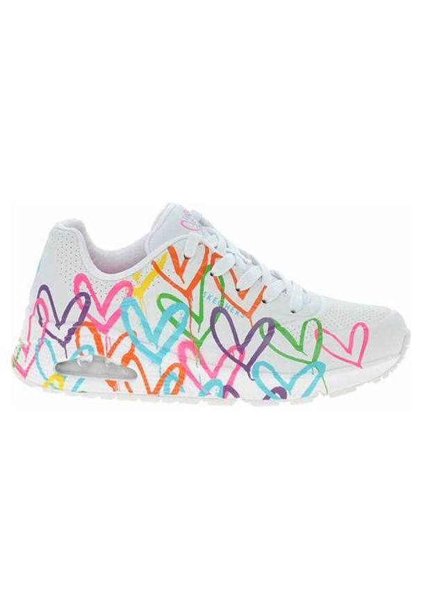 skechers - Damskie buty chodzenie Skechers Uno Highlight Love, białe. Okazja: na co dzień, na spacer. Kolor: biały, wielokolorowy. Materiał: materiał, syntetyk. Sport: turystyka piesza