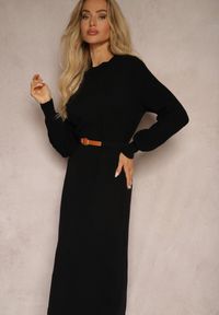 Renee - Czarna Sukienka z Dodatkiem Wiskozy z Paskiem i Ozdobnymi Rękawami Daiviane. Kolor: czarny. Materiał: wiskoza. Sezon: zima #3