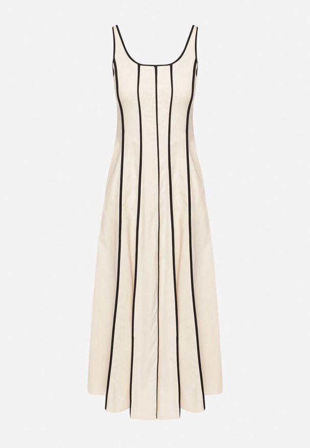 Born2be - Jasnobeżowa Rozkloszowana Sukienka z Wiskozą w Pionowe Paski Gonavirae. Kolor: beżowy. Materiał: wiskoza. Długość rękawa: na ramiączkach. Wzór: paski. Sezon: wiosna, lato. Styl: elegancki