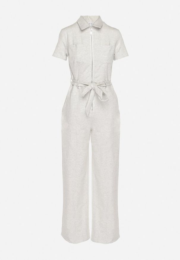 Born2be - Jasnoszary Bawełniany Kombinezon z Prostymi Nogawkami z Zamkiem i Paskiem w Talii Olroura. Kolekcja: dla wysokich. Kolor: szary. Materiał: bawełna. Długość rękawa: krótki rękaw. Długość: krótkie