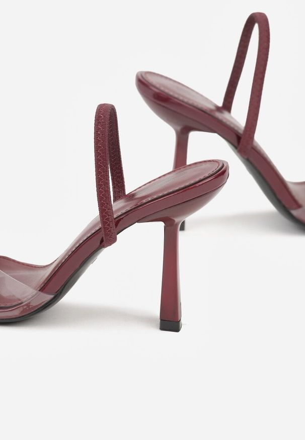 Renee - Bordowe Transparentne Sandały na Klepsydrowej Szpilce z Kokardą i Cyrkoniami Feralia. Okazja: na imprezę. Kolor: czerwony. Materiał: jeans. Sezon: wiosna. Styl: elegancki