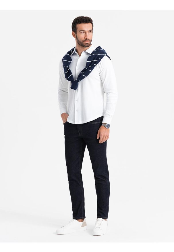 Ombre Clothing - Dzianinowa koszula męska SLIM FIT z długim rękawem – biała V1. Kolor: biały. Materiał: dzianina. Długość rękawa: długi rękaw. Długość: długie