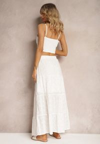 Renee - Biały Boho Komplet Top z Haftowanej Tkaniny Spódnica z Gumką w Talii i Falbanką Worpia. Kolor: biały. Materiał: tkanina. Wzór: haft