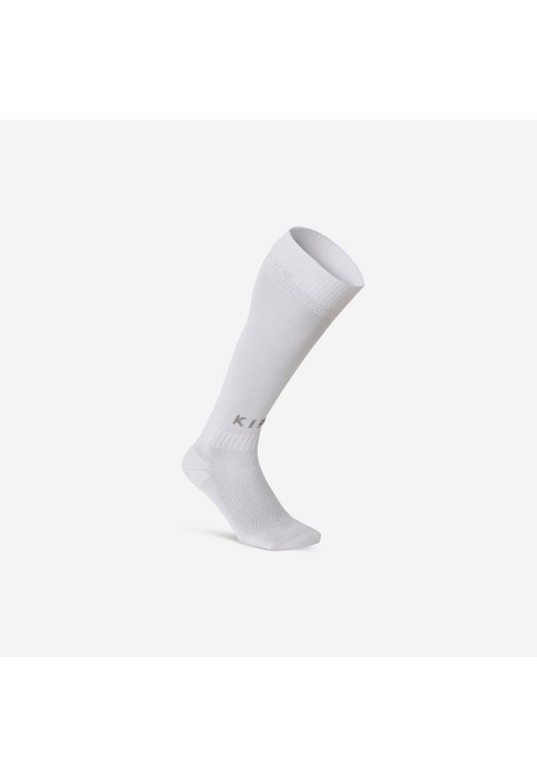 KIPSTA - Skarpety piłkarskie Kipsta Essential. Kolor: wielokolorowy, szary, biały. Materiał: poliamid, poliester, elastan. Wzór: ze splotem. Sport: piłka nożna