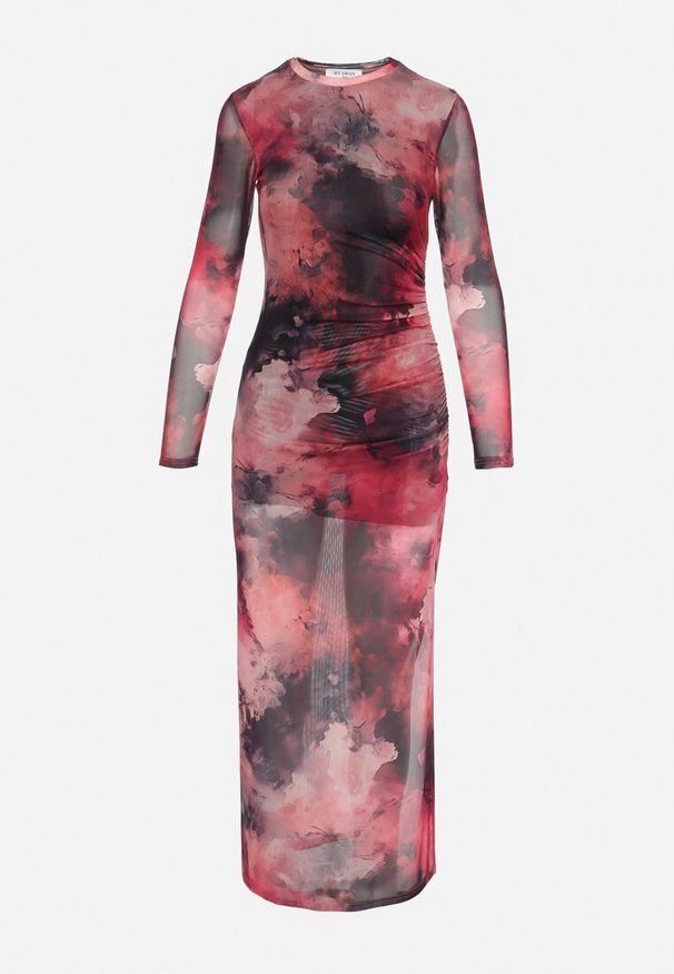 Born2be - Fuksjowa Sukienka o Dopasowanym Fasonie Bodycon z Rozcięciem i Marmurkowym Wzorem Urientia. Kolor: różowy. Długość rękawa: długi rękaw. Typ sukienki: bodycon. Styl: elegancki