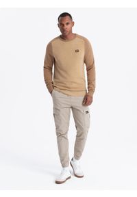 Ombre Clothing - Męski bawełniany sweter z naszywką i raglanowymi rękawami – brązowy V4 OM-SWSW-0121 - XXL. Okazja: na co dzień. Kolor: brązowy. Materiał: bawełna. Długość rękawa: raglanowy rękaw. Wzór: aplikacja. Styl: casual #9