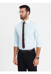 Ombre Clothing - Klasyczna męska bawełniana koszula SLIM FIT w rybki - błękitna V4. Typ kołnierza: kołnierzyk klasyczny. Kolor: niebieski. Materiał: bawełna. Długość rękawa: długi rękaw. Długość: długie. Wzór: nadruk. Styl: klasyczny