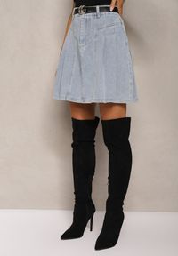 Renee - Jasnoniebieska Bawełniana Spódnica Jeansowa High Waist o Rozkloszowanym Fasonie Risat. Stan: podwyższony. Kolor: niebieski. Materiał: bawełna, jeans #3