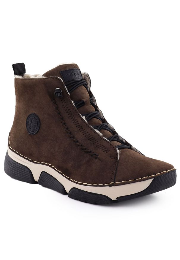 Botki damskie zamszowe brązowe Rieker 45912-25. Kolor: brązowy. Materiał: zamsz, nubuk