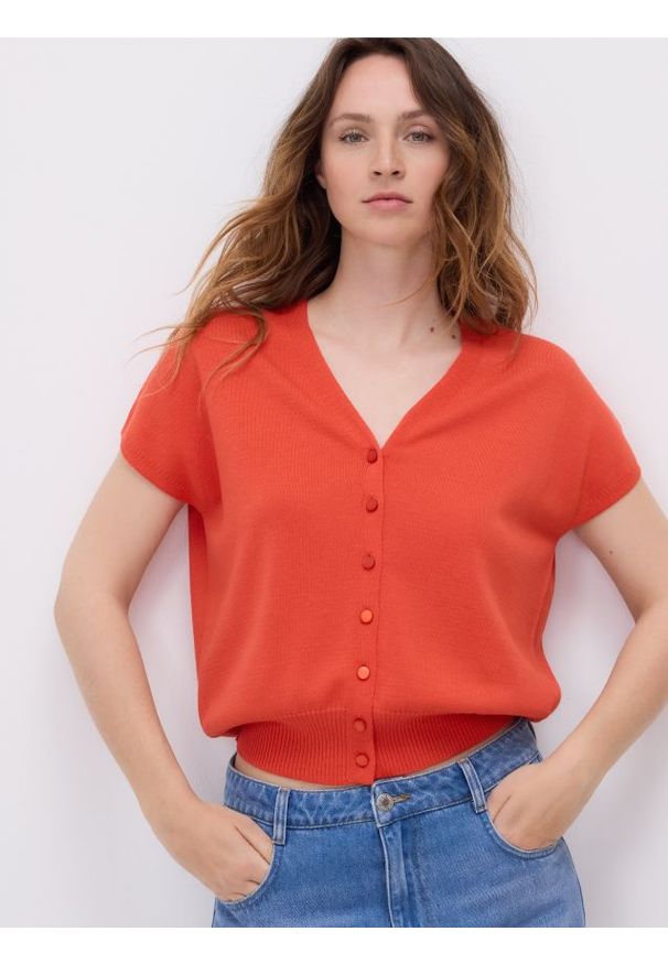 Reserved - Kardigan z lyocellem - czerwony. Kolor: czerwony. Materiał: dzianina