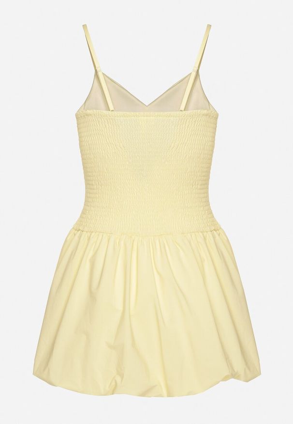 Born2be - Żółta Sukienka Bombka na Cienkich Ramiączkach z Kokardą i Cyrkoniami Paliandria. Okazja: na imprezę. Typ kołnierza: kokarda. Kolor: żółty. Długość rękawa: na ramiączkach. Wzór: aplikacja. Sezon: lato. Typ sukienki: bombki. Styl: elegancki