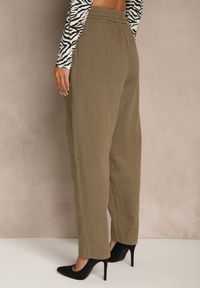 Renee - Ciemnobeżowe Spodnie High Waist z Bawełny o Szerokim Kroju Nalitia. Okazja: na co dzień. Stan: podwyższony. Kolor: beżowy. Materiał: bawełna. Styl: casual #4