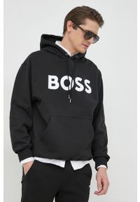 BOSS bluza bawełniana męska kolor czarny z kapturem z nadrukiem. Typ kołnierza: kaptur. Kolor: czarny. Materiał: bawełna. Wzór: nadruk #1