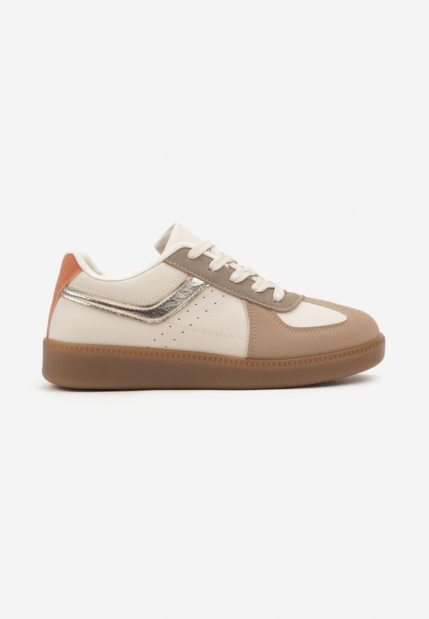Renee - Ciemnobeżowe Sneakersy na Niskiej Platformie z Metalicznymi Wstawkami Dalivia. Nosek buta: okrągły. Zapięcie: sznurówki. Kolor: beżowy. Materiał: materiał. Obcas: na platformie. Wysokość obcasa: niski