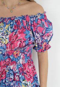 Born2be - Granatowa Wiskozowa Sukienka Mini z Gumkami w Pasie i Falbanką Muena. Typ kołnierza: kołnierz z falbankami. Kolor: niebieski. Materiał: wiskoza. Wzór: kwiaty. Długość: mini #3