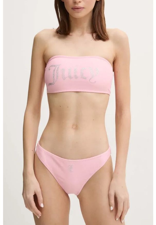 Juicy Couture - JUICY COUTURE Różowy strój kąpielowy Bandeau Bikini Set, Rozmiar L. Kolor: różowy. Materiał: nylon, elastan, materiał