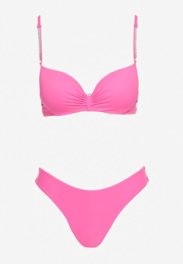 Born2be - Różowe Bikini Góra z Regulowanymi Ramiączkami Ozdobionymi Cyrkoniami z Elastycznym Dołem w Zestawie Spodenki Kąpielowe z Gumką w Pasie Quilalia. Kolor: różowy. Wzór: aplikacja