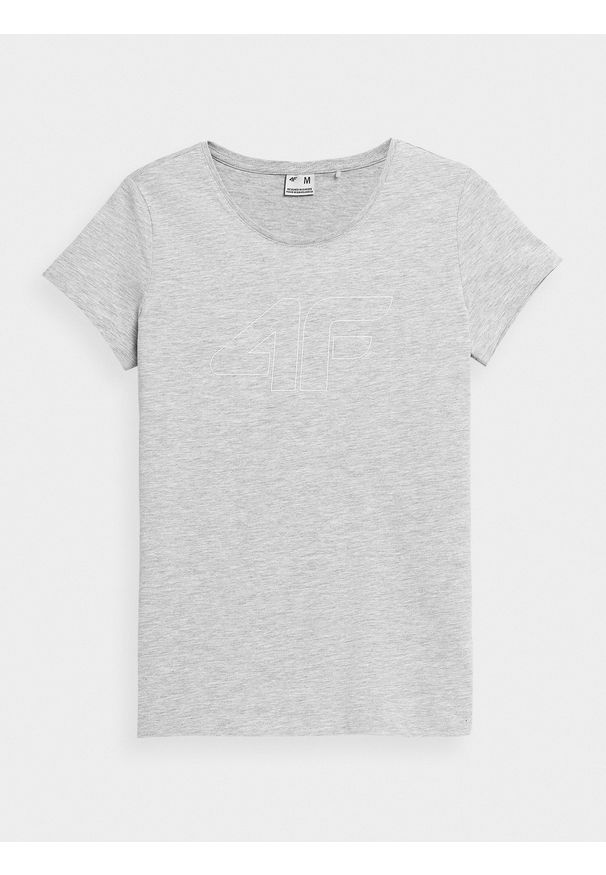 4f - T-shirt regular z nadrukiem damski. Kolor: szary. Materiał: bawełna, dzianina. Wzór: nadruk